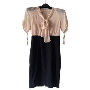 Anne Klein Bow Tie Neck Color-block Dress Cream Black Size 2 Business Casual